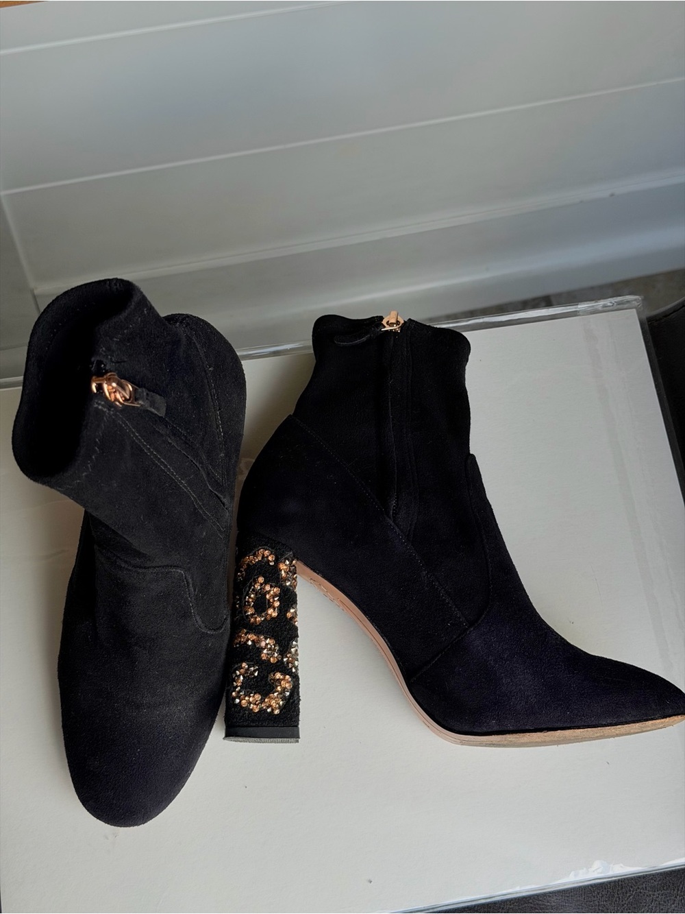 Sophia Webster Black Suede Ankle Boots with Embellished Gold Block Heel